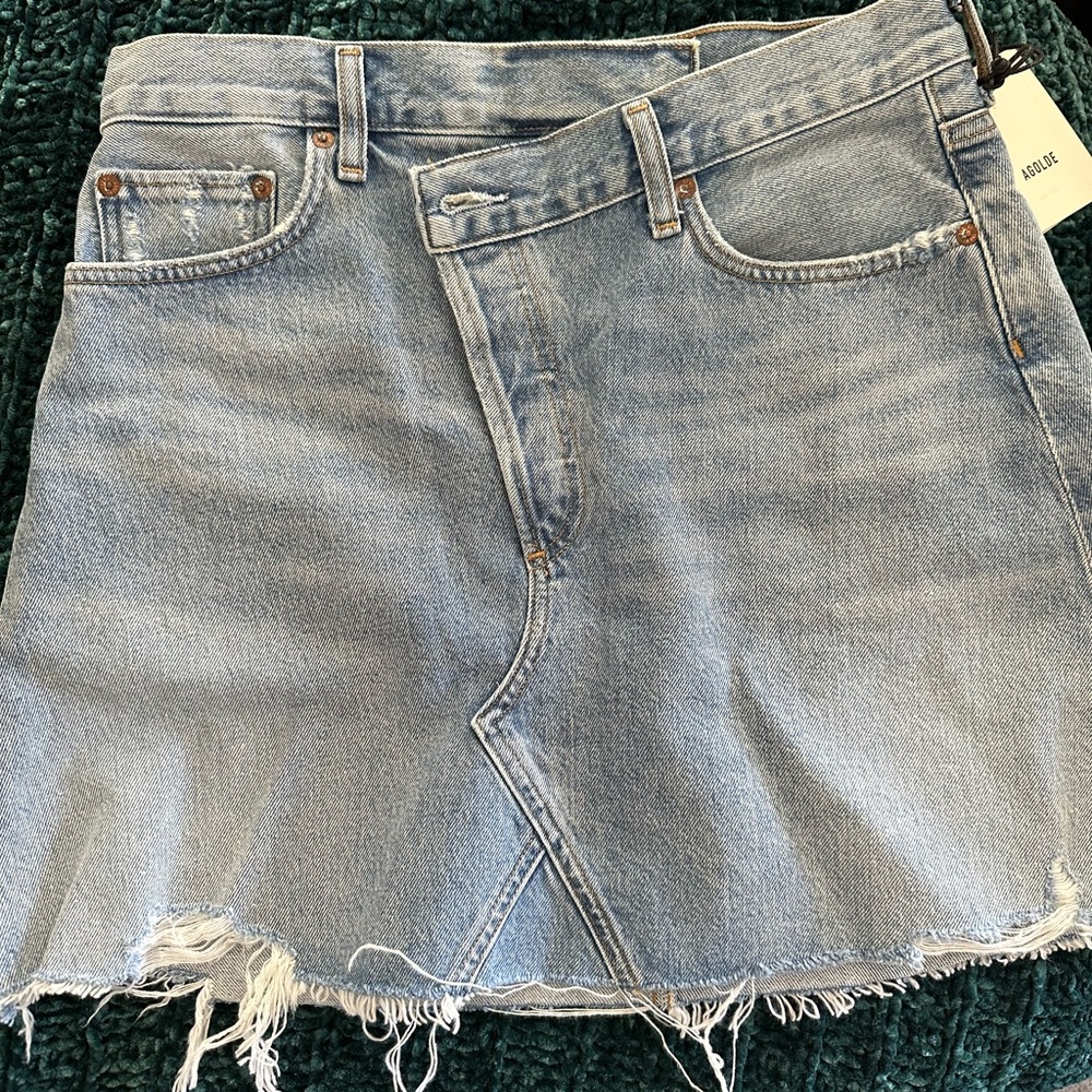 AGOLDE Light Blue Distressed Denim Mini Skirt